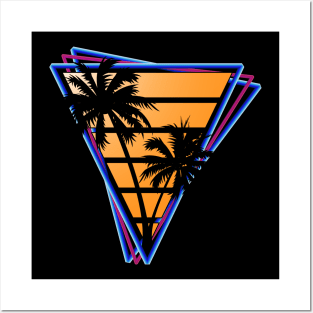 Retrowave style palm tree sunset Orange Posters and Art